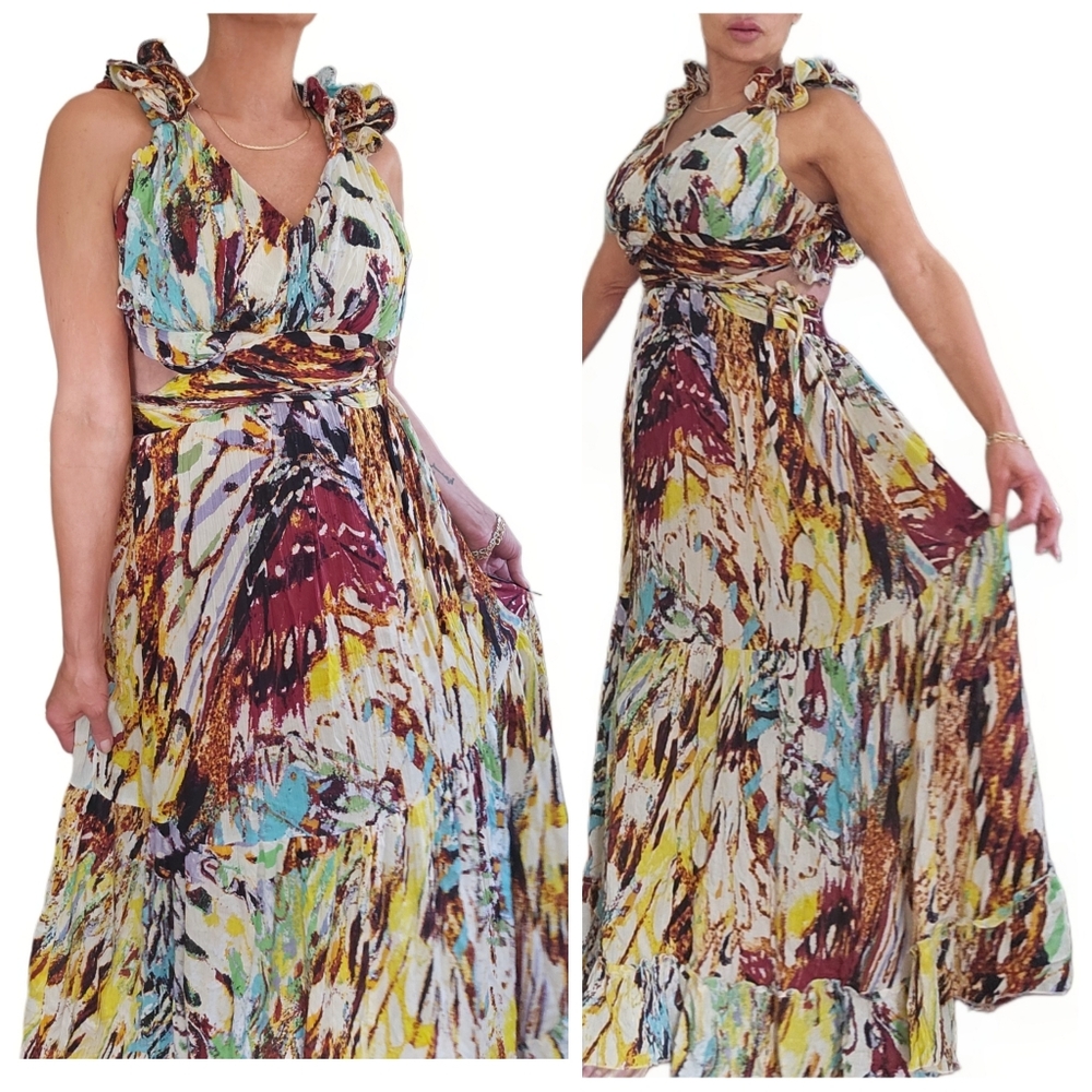 Beatiful Long Cutout Ruffle Boho Maxi Dress Size Medium